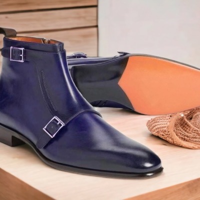 Handmade men's double monk buckle leather blue ankle boots - Thumbnail 4