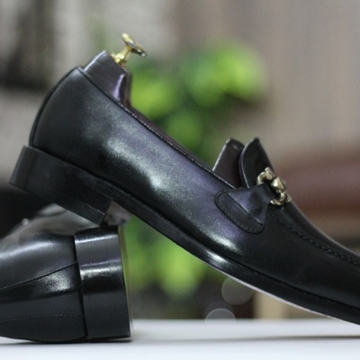 Handmade men's black leather horse bit slip on loafer shoes - Thumbnail 2