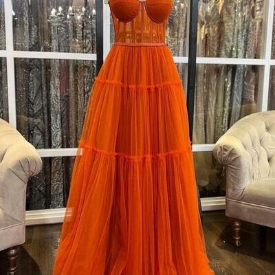 Spaghetti straps a-line burnt orange modest formal prom dresses - Thumbnail 3