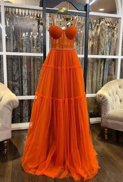 Spaghetti Straps A-line Burnt Orange Modest Formal Prom Dresses