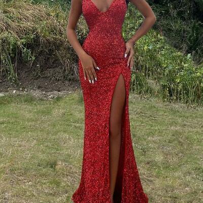 Sexy mermaid sequin v neck split evening dress - Thumbnail 3