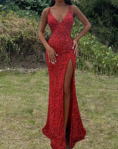 Sexy Mermaid Sequin V Neck Split Evening Dress