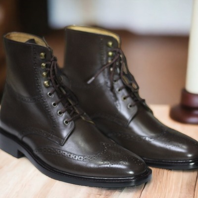 Ankle high handmade men's brown leather lace up wing tip dress boots - Thumbnail 4