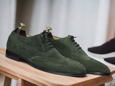 Fashion Men's Green Handmade Lace Up Wing Tip Suede Office Shoes