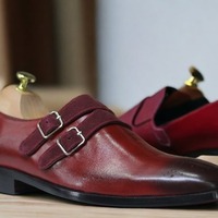 Handmade Burgundy Double Buckle Brogue Leather Fashion Shoes - Thumbnail 1