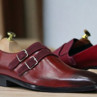 Handmade burgundy double buckle brogue leather fashion shoes