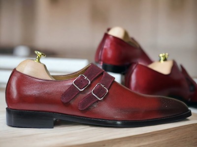 Handmade Burgundy Double Buckle Brogue Leather Fashion Shoes