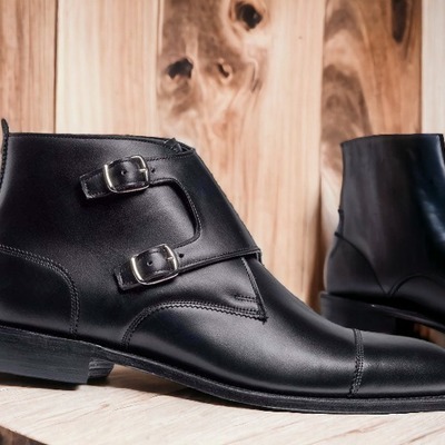 Men's black double buckle cap toe leather handmade ankle boots
