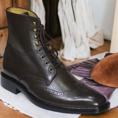 Ankle high handmade men's brown leather lace up wing tip dress boots