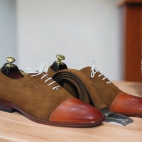 Brown Suede Lace Up Handmade Men's Two Tone Leather Cap Toe Dress Shoes - Thumbnail 1