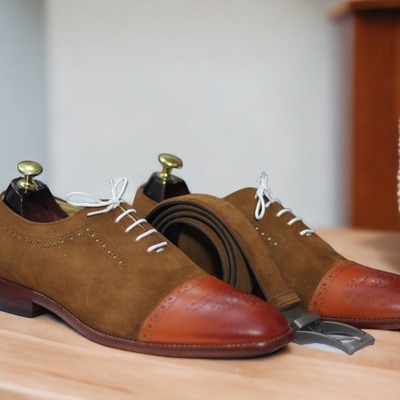 Brown suede lace up handmade men's two tone leather cap toe dress shoes