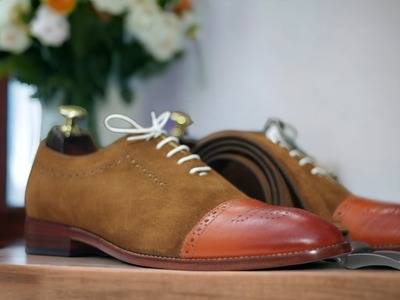 Brown Suede Lace Up Handmade Men's Two Tone Leather Cap Toe Dress Shoes