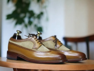 Men's Brown Leather & Beige Suede Lace Up Wing Tip Handmade Dress Shoes