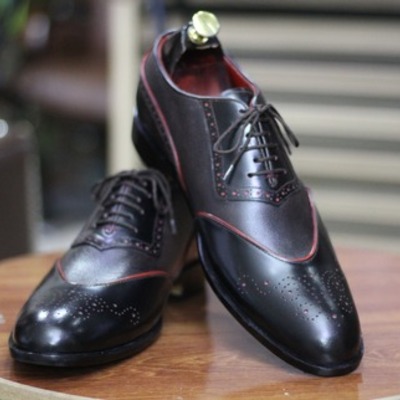Black leather lace up handmade men's brogue office shoes