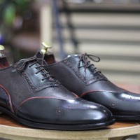 Black Leather Lace Up Handmade Men's Brogue Office Shoes - Thumbnail 1