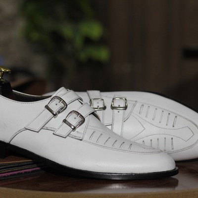 White leather handmade men's fashion double buckle monk slip on loafer shoes