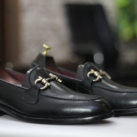 Handmade Men's Black Leather Horse Bit Slip on Loafer Shoes - Thumbnail 1