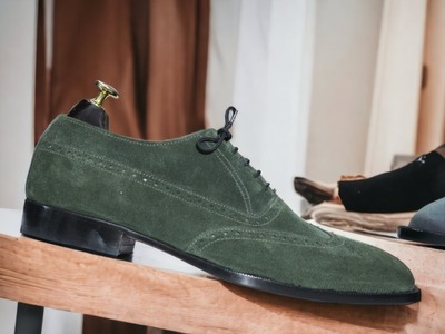 Fashion Men's Green Handmade Lace Up Wing Tip Suede Office Shoes