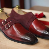 Handmade Burgundy Double Buckle Brogue Leather Fashion Shoes - Thumbnail 1