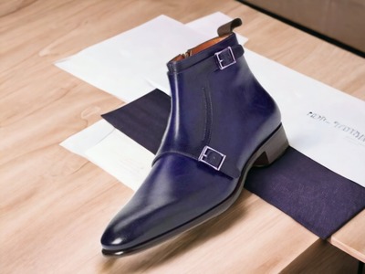 Handmade Men's Double Monk Buckle Leather Blue Ankle Boots