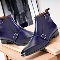 Handmade Men's Double Monk Buckle Leather Blue Ankle Boots - Thumbnail 1