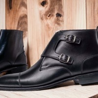 Men's Black Double Buckle Cap Toe Leather Handmade Ankle Boots - Thumbnail 1
