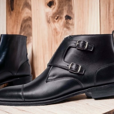 Men's black double buckle cap toe leather handmade ankle boots