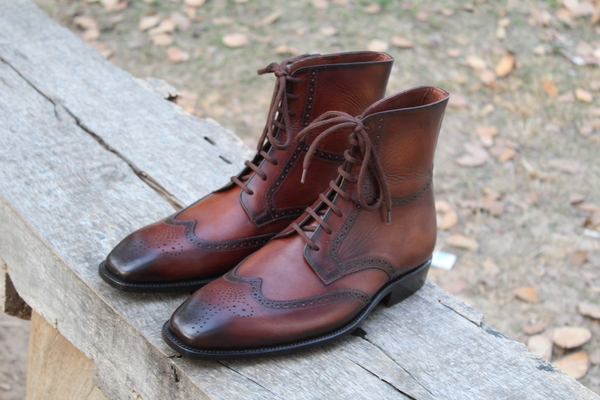 Handmade Brown Black Shaded Ankle High Lace up Wingtip Boot