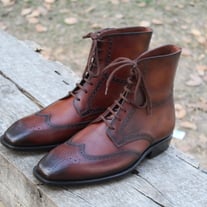 Handmade Brown Black Shaded Ankle High Lace up Wingtip Boot