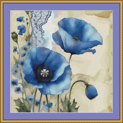 Blue poppies cross stitch pattern