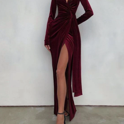 Unique wine red velvet split prom dresses - Thumbnail 2