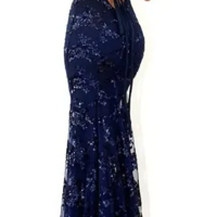 Sheath Nave Blue V Neck Long Sequin Prom Dresses - Thumbnail 1