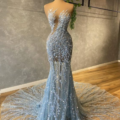 Chic mermaid blue lace prom dresses