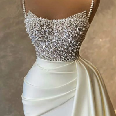 A line straps ivory prom dress with pearl  - Thumbnail 2