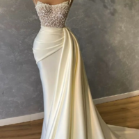 A Line Straps Ivory Prom Dress with Pearl  - Thumbnail 1