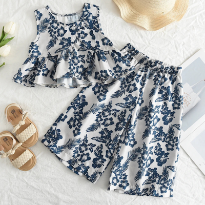 Toddler girls casual sleeveless floral shirt and wide leg pants set spring or summer free shipping