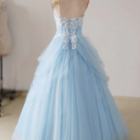 A Line Sweetheart Neck Lace Blue Long Prom Dress, Blue Long Sweet 16 Dress KPP1777 - Thumbnail 2