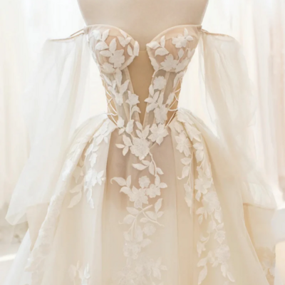 Champagne lace long a line ball gown, off the shoulder evening party dress kpp1778