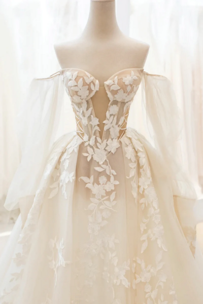 Champagne Lace Long A Line Ball Gown, Off the Shoulder Evening Party Dress KPP1778