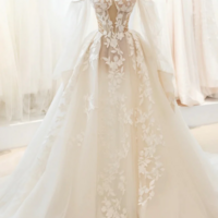 Champagne Lace Long A Line Ball Gown, Off the Shoulder Evening Party Dress KPP1778 - Thumbnail 1