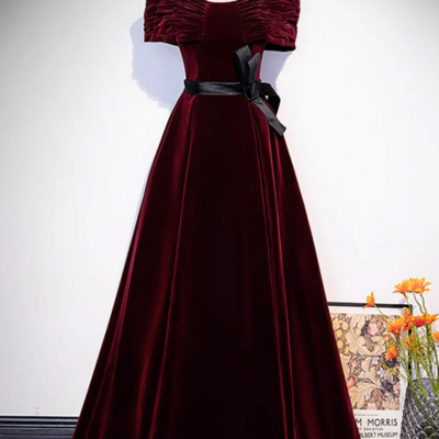 A line off shoulder velvet burgundy long prom dress, burgundy long formal dress kpp1779