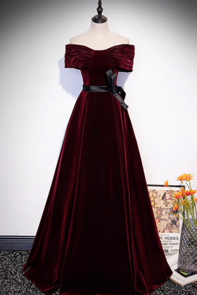 A Line Off Shoulder Velvet Burgundy Long Prom Dress, Burgundy Long Formal Dress KPP1779