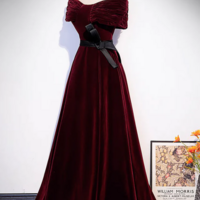 A Line Off Shoulder Velvet Burgundy Long Prom Dress, Burgundy Long Formal Dress KPP1779 - Thumbnail 1