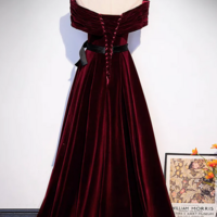 A Line Off Shoulder Velvet Burgundy Long Prom Dress, Burgundy Long Formal Dress KPP1779 - Thumbnail 2