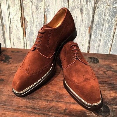 Men's brown suede lace up wing tip handmade office shoes - Thumbnail 3
