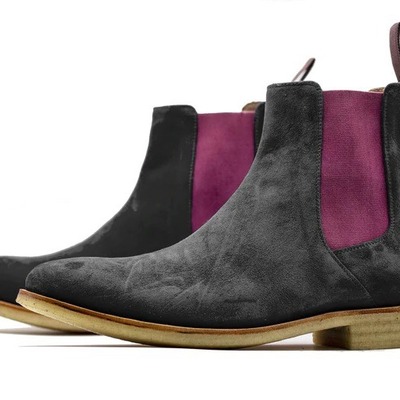 Men's black suede handmade chelsea ankle fashion boots - Thumbnail 2