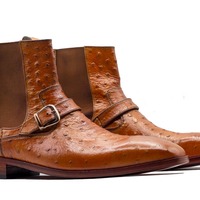 Ankle Ostrich Leather Chelsea Buckle Style Handmade Boots For Men's - Thumbnail 1