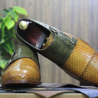 Handmade men's two tone python leather cap toe double monk buckle dress shoes - Thumbnail 2