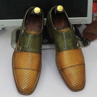 Handmade Men's Two Tone Python Leather Cap Toe Double Monk Buckle Dress Shoes - Thumbnail 1