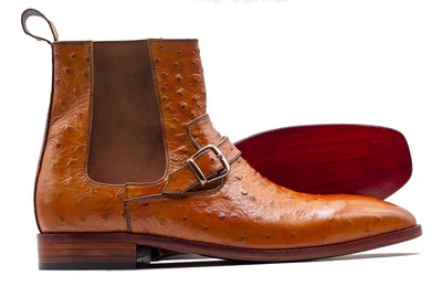 Ankle Ostrich Leather Chelsea Buckle Style Handmade Boots For Men's